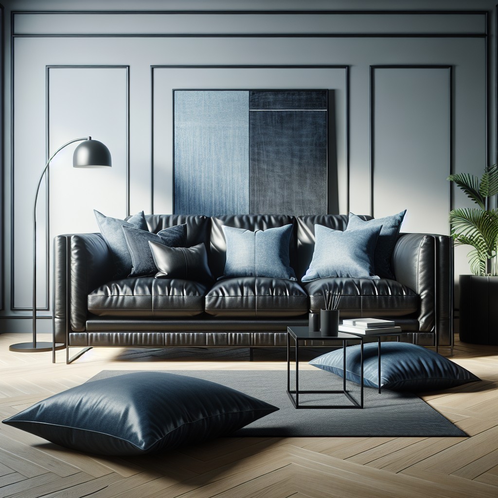denim blue pillows on black couch