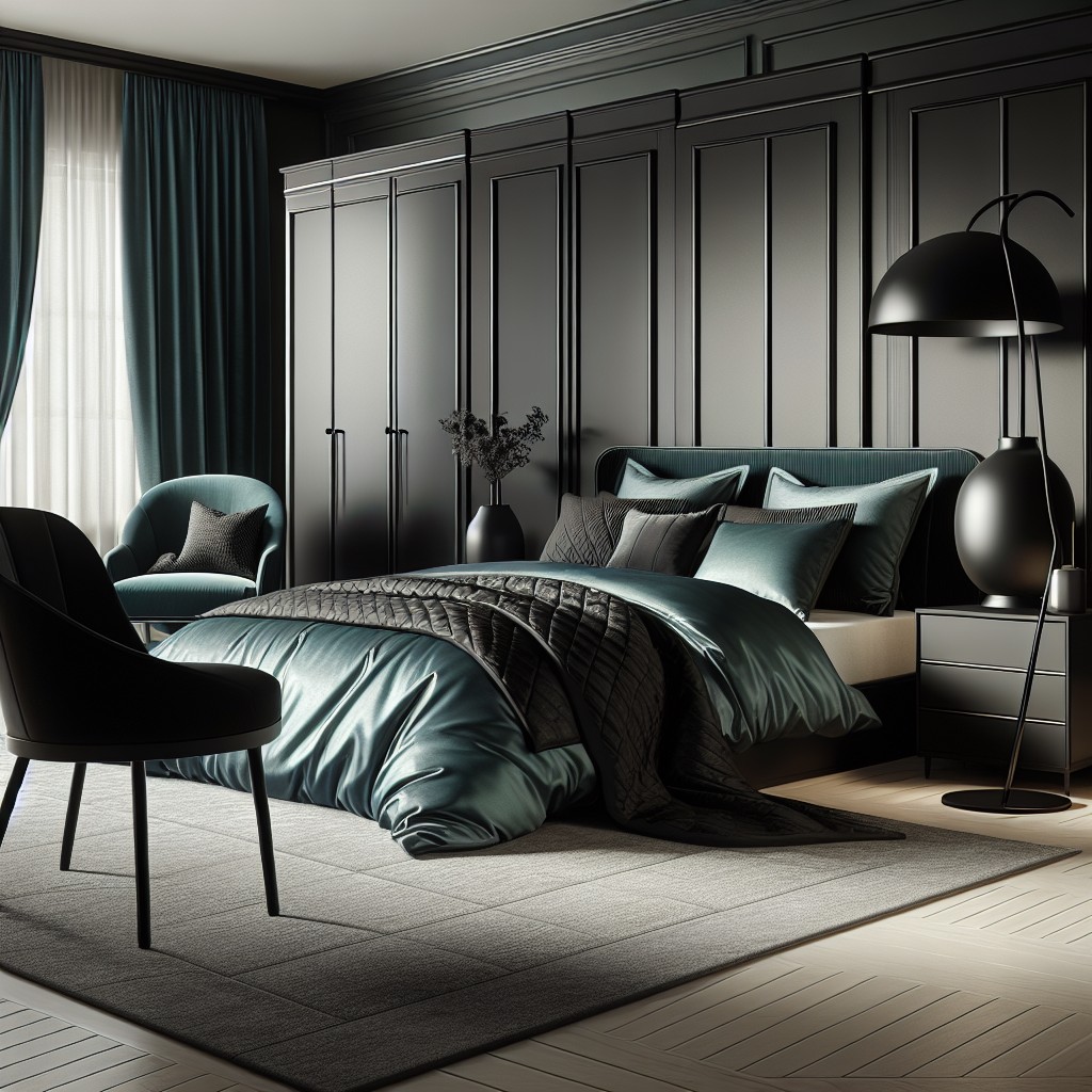 design a bedroom with teal bedding and black furniture