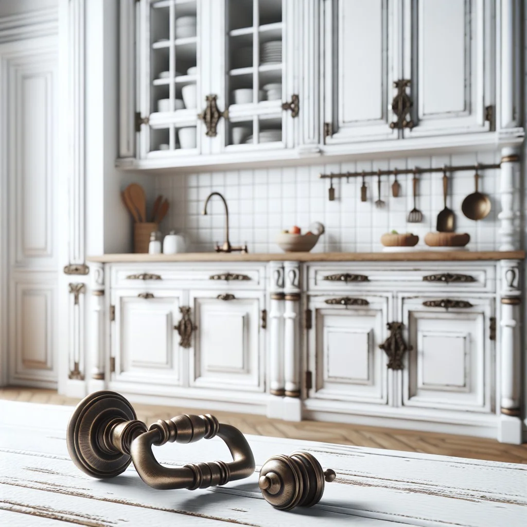 distressed bronze hardware for an aged kitchen look