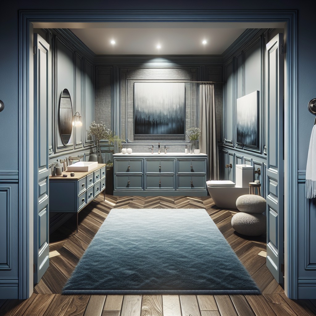 dual tone bathrooms blue cabinets and dark hardwood floors