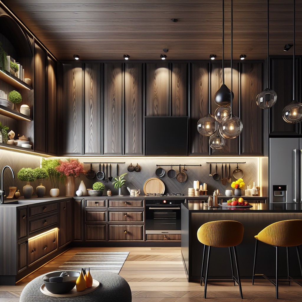 ebony cabinets with pops of bright color accessories