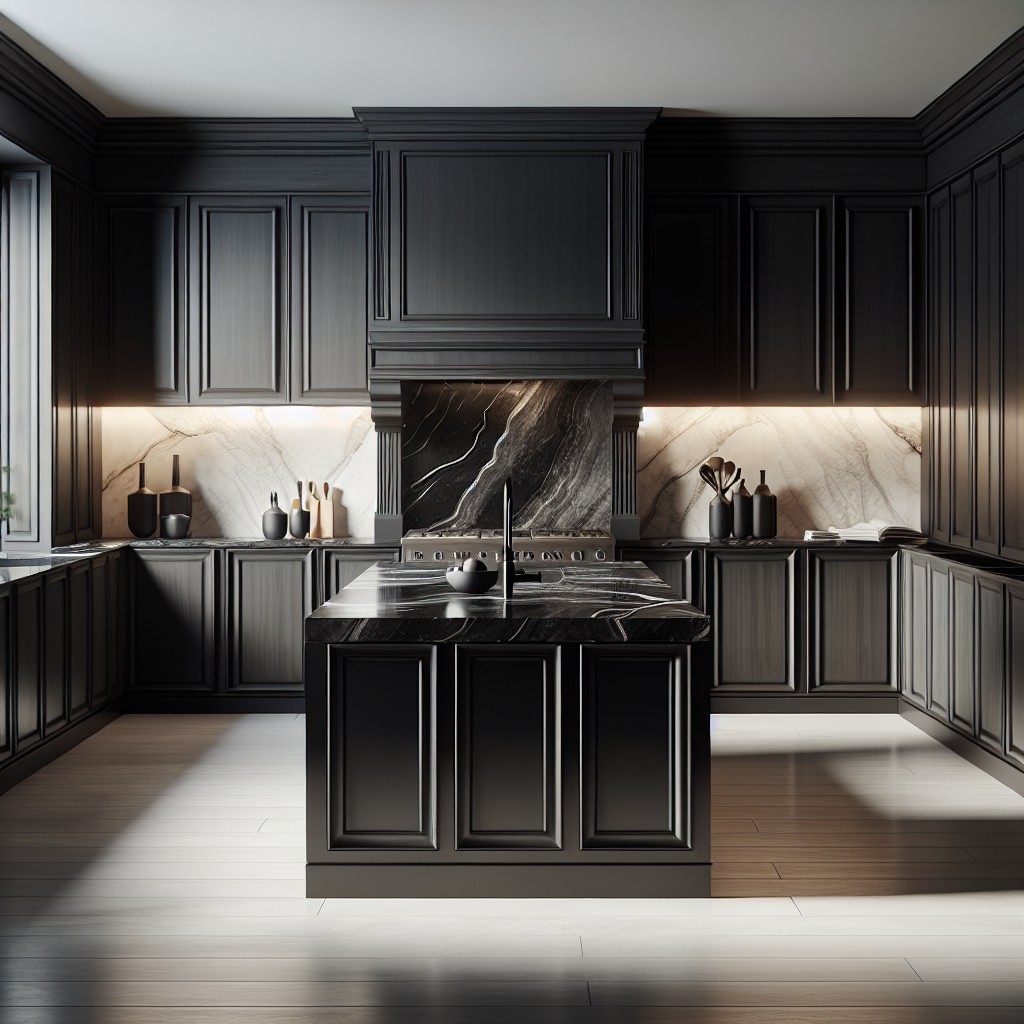 elegant black island with light countertop as a focal point