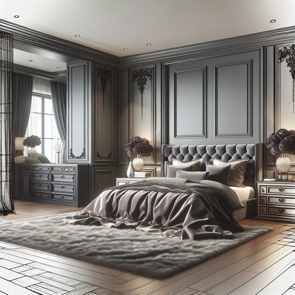 elegant master bedroom with sophisticated dark grey cabinetry