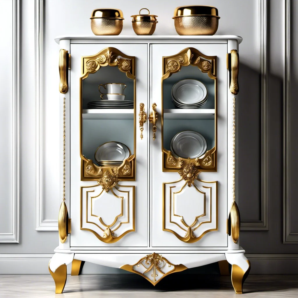 elegant white metal cabinets with gold accents