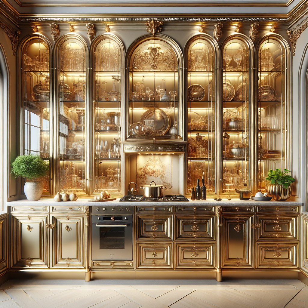 elevated kitchen style with glass and gold cabinets