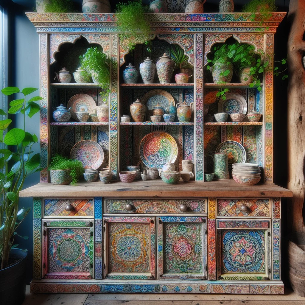 ethnic inspired boho kitchen hutch