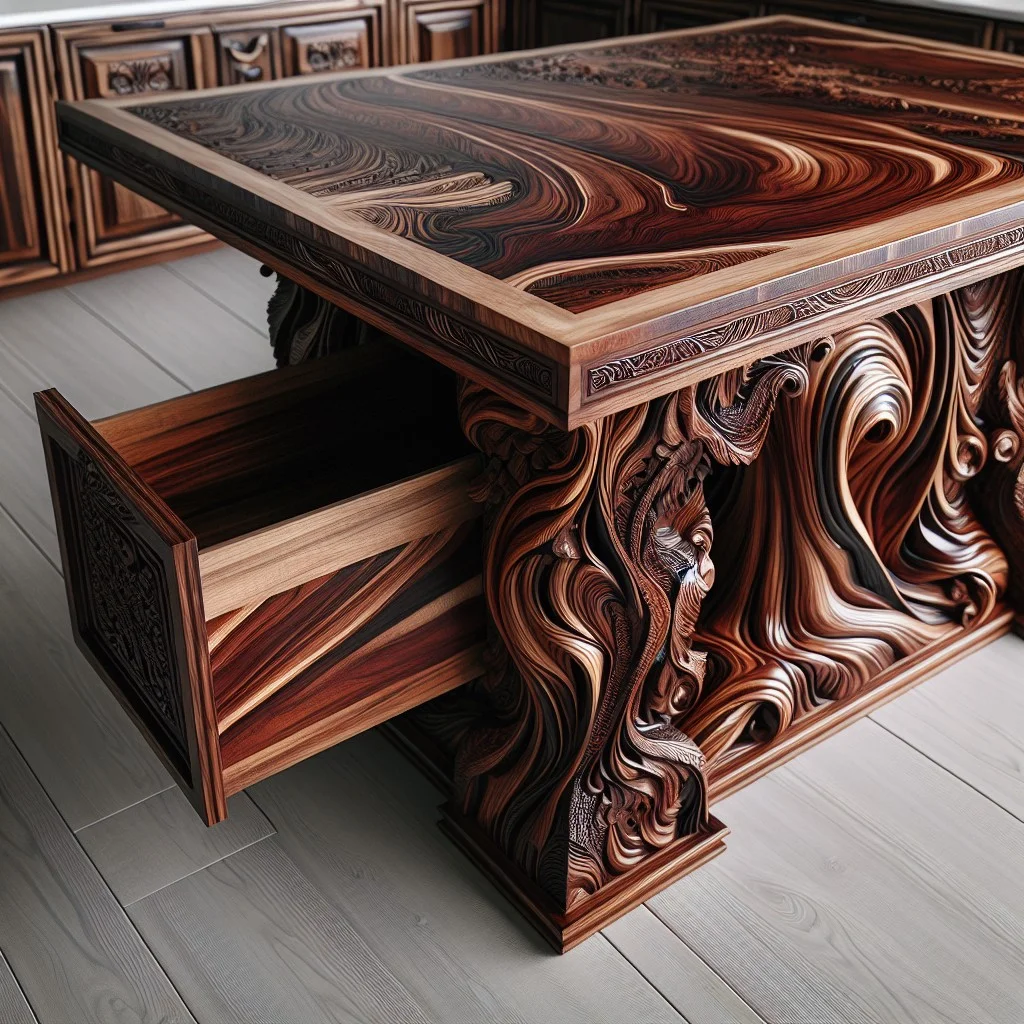 exotic wood kitchen table with matching cabinet
