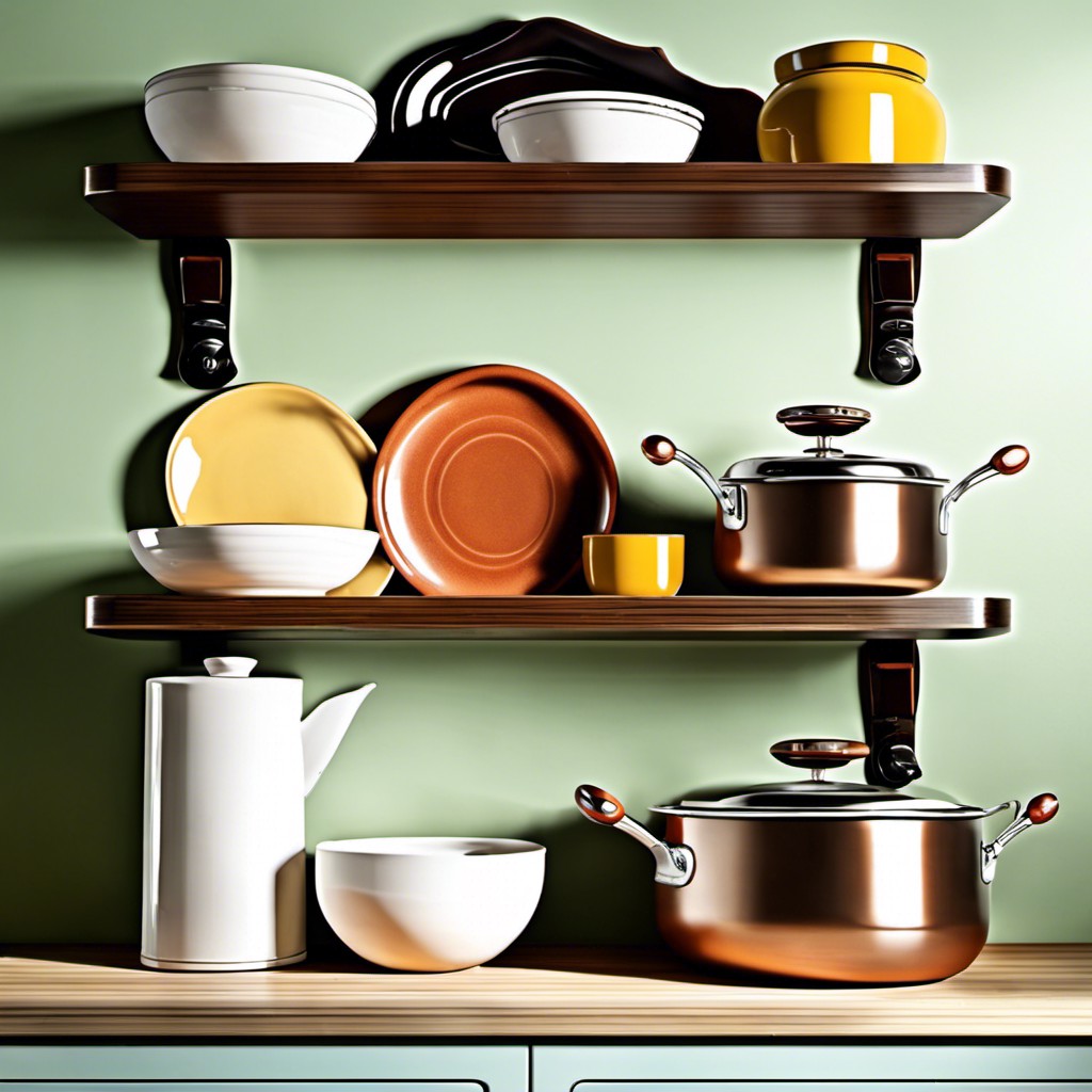 floating shelf decorated with vintage kitchenware