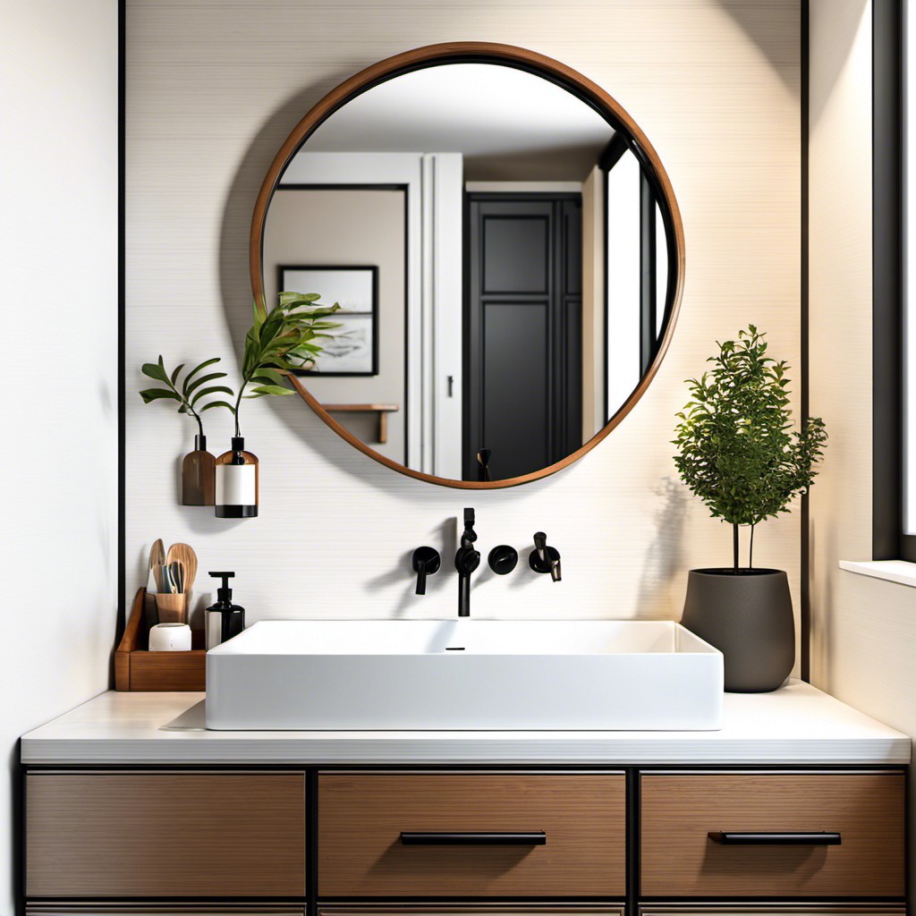 floating shelf over sink in front of a mirror