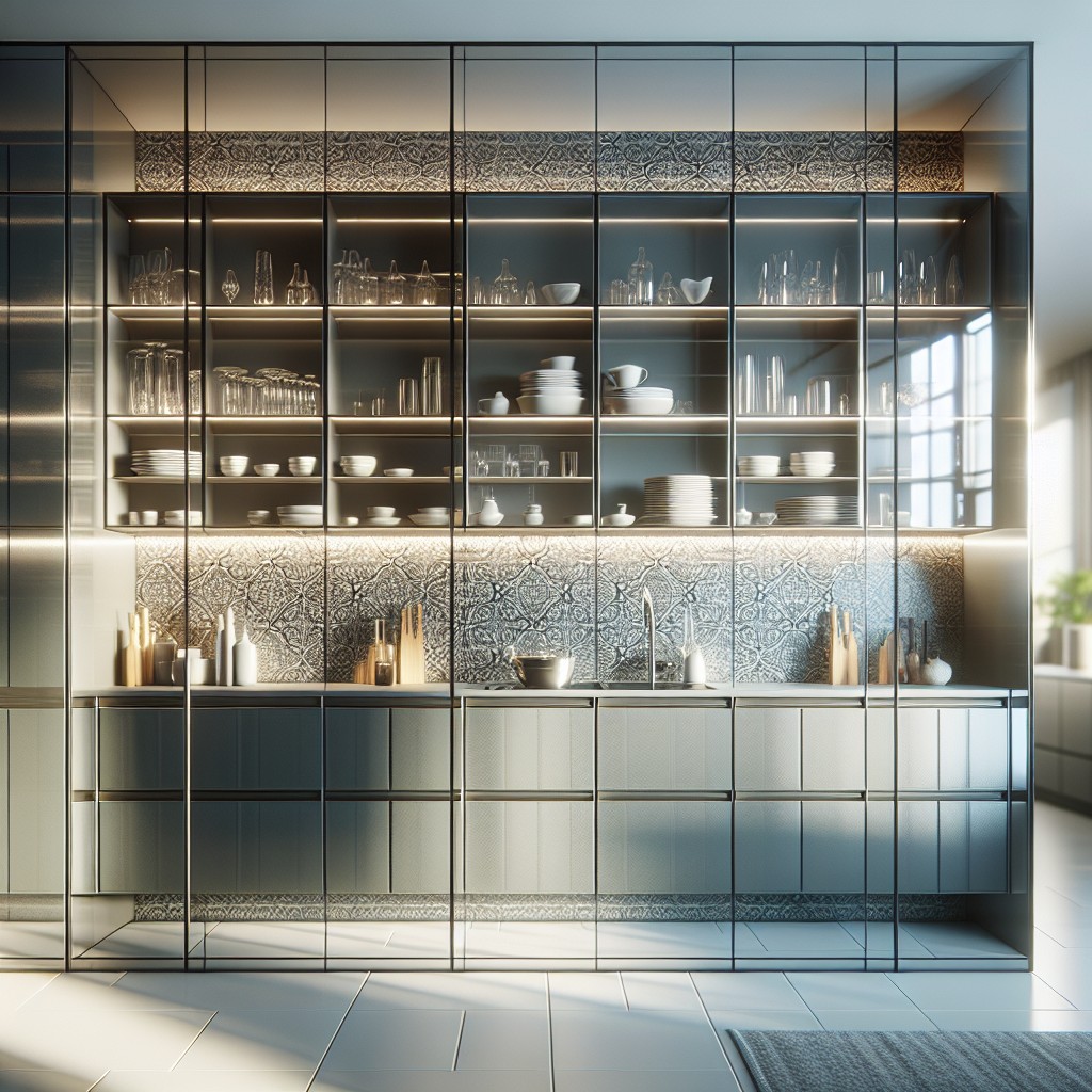 glass kitchen cabinets with patterned backsplash
