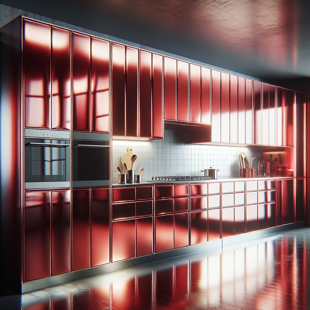 glossy red metal cabinets create a statement kitchen