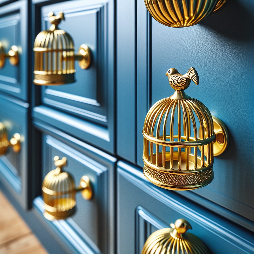 gold birdcage knobs on blue cabinets for quirky style
