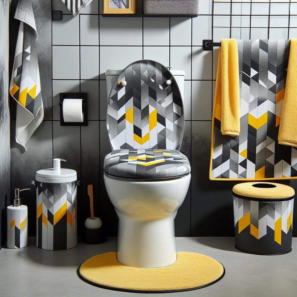 gray and yellow geometric patterned toilet seat cover