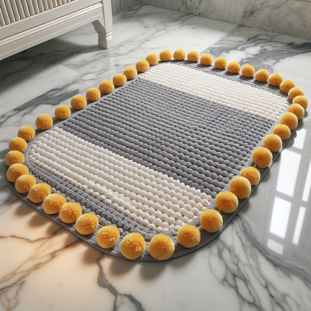 gray cotton bath mats with yellow pom pom borders