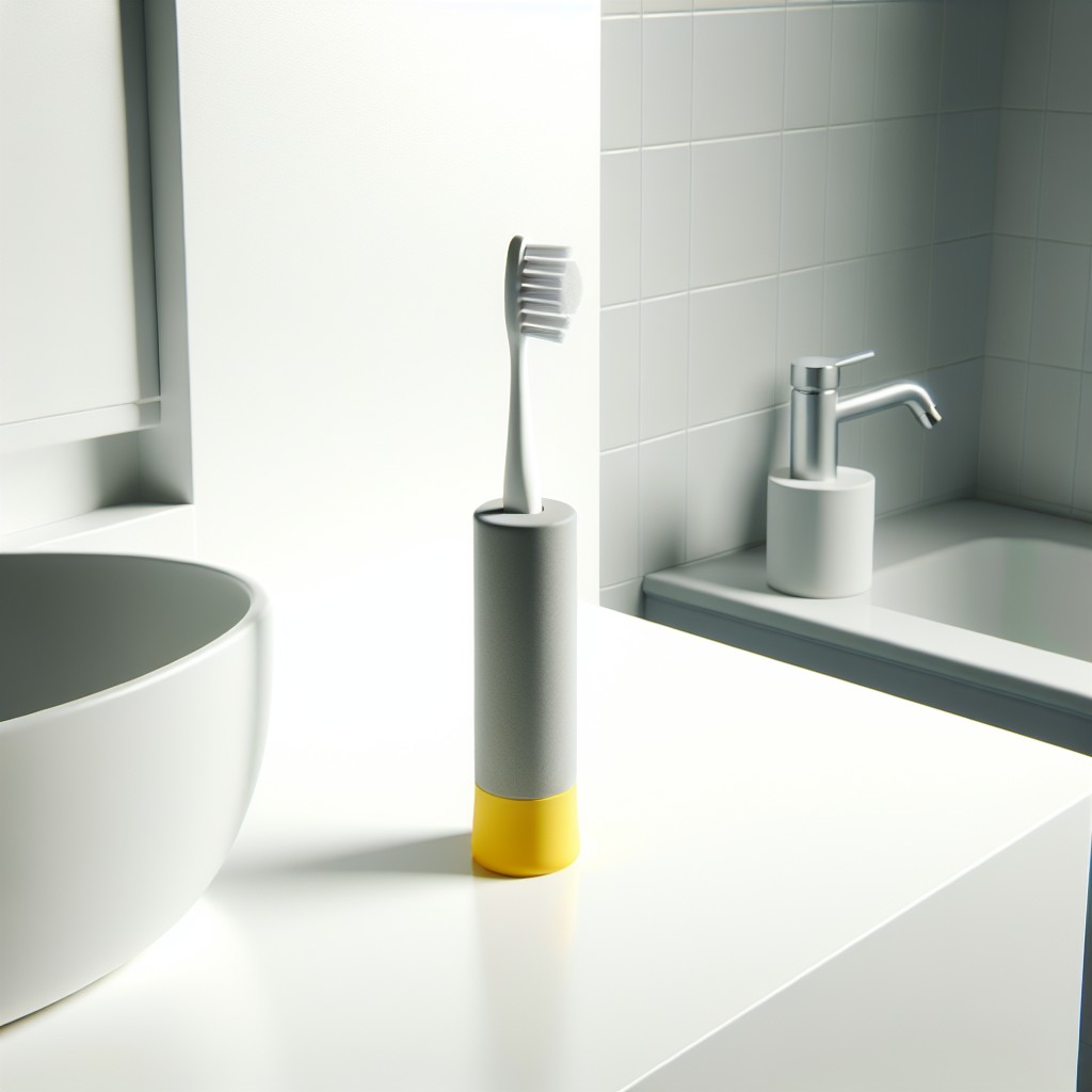 gray resin toothbrush holder with a yellow base