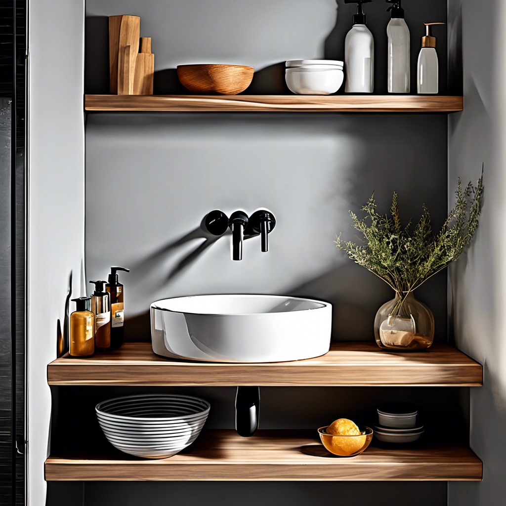 gray wooden floating shelf over stainless steel sink