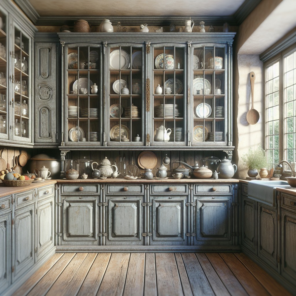 grey cabinets for displaying antique dishes