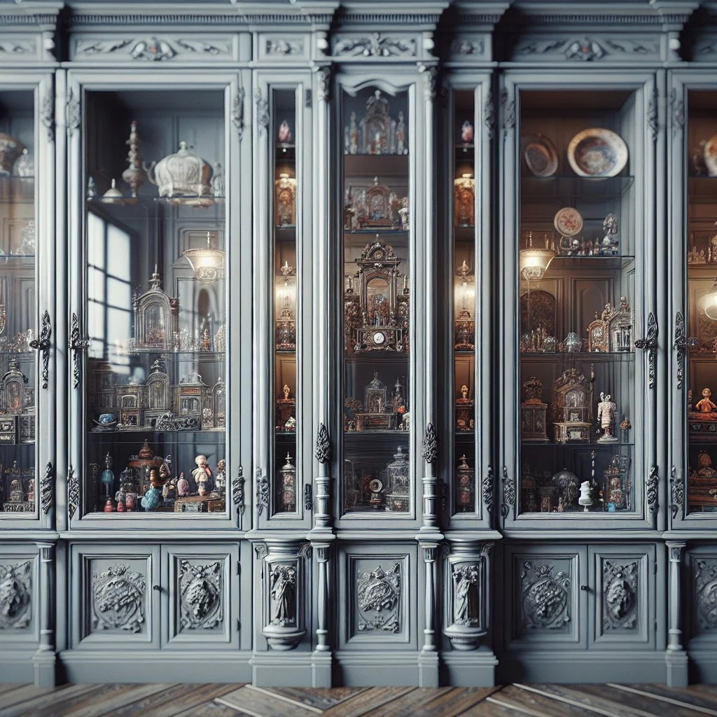 grey cabinets with glass display for collectors items