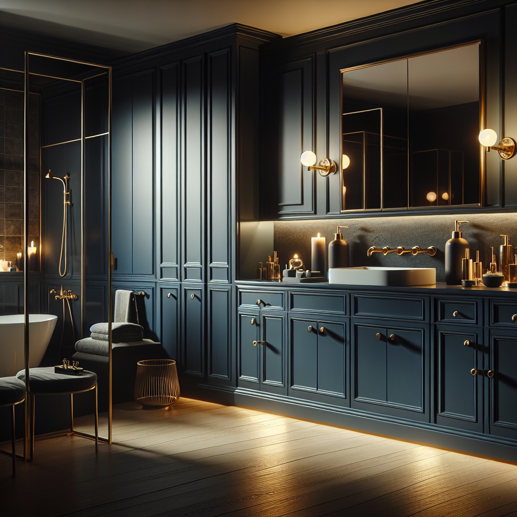 harmonizing blue cabinets with brass accents
