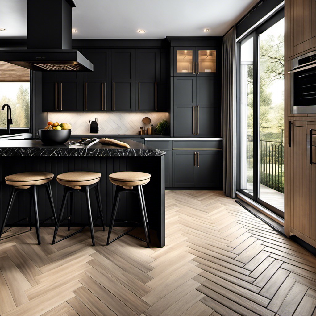 herringbone flooring with matte black countertop