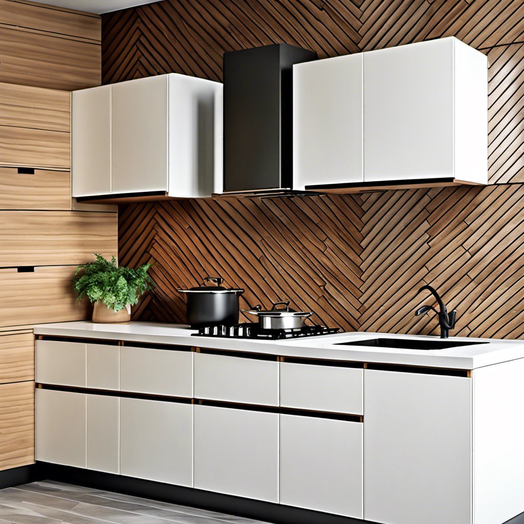 herringbone pattern wood cabinets for a unique approach