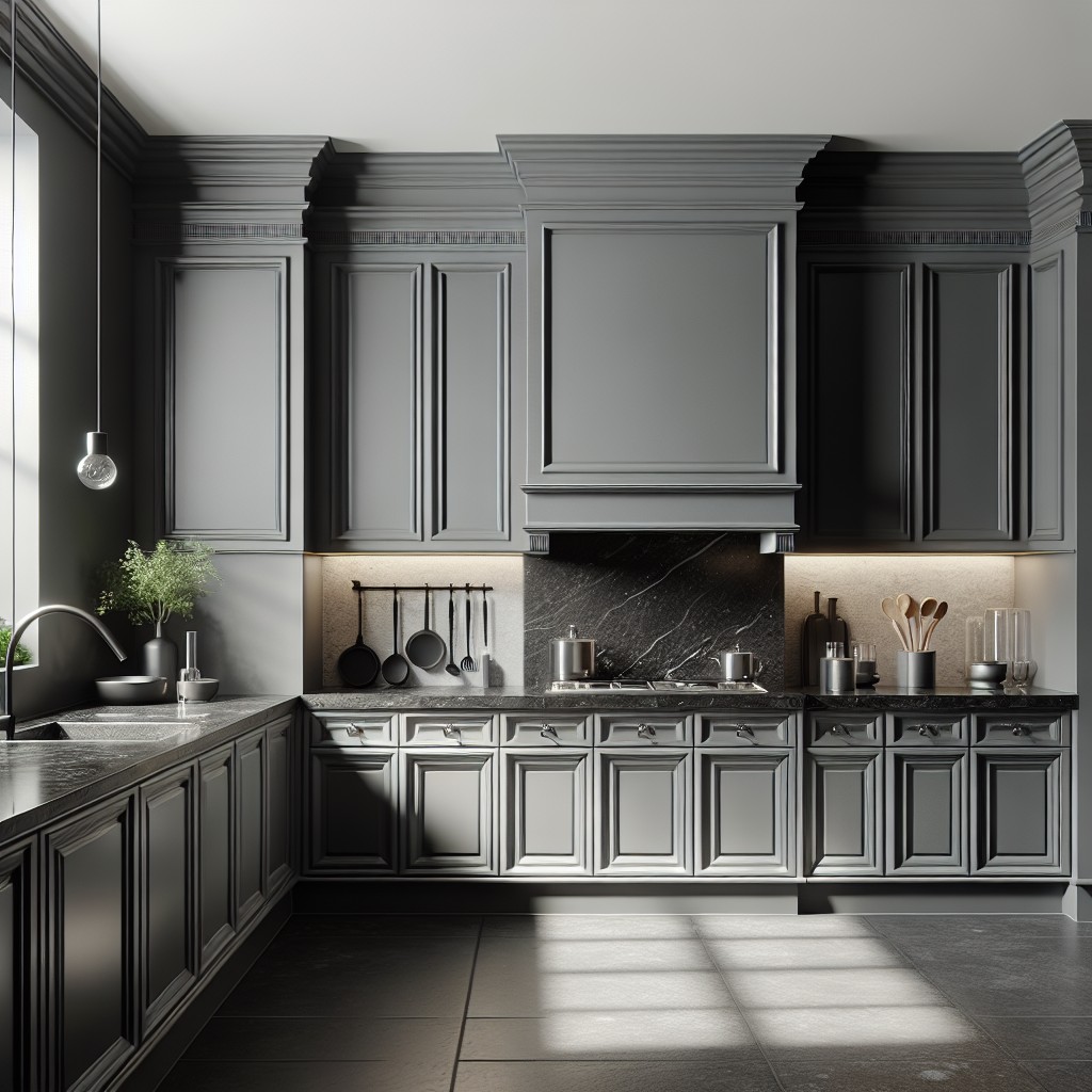 high end kitchen design with black granite counter tops and dark grey cabinets