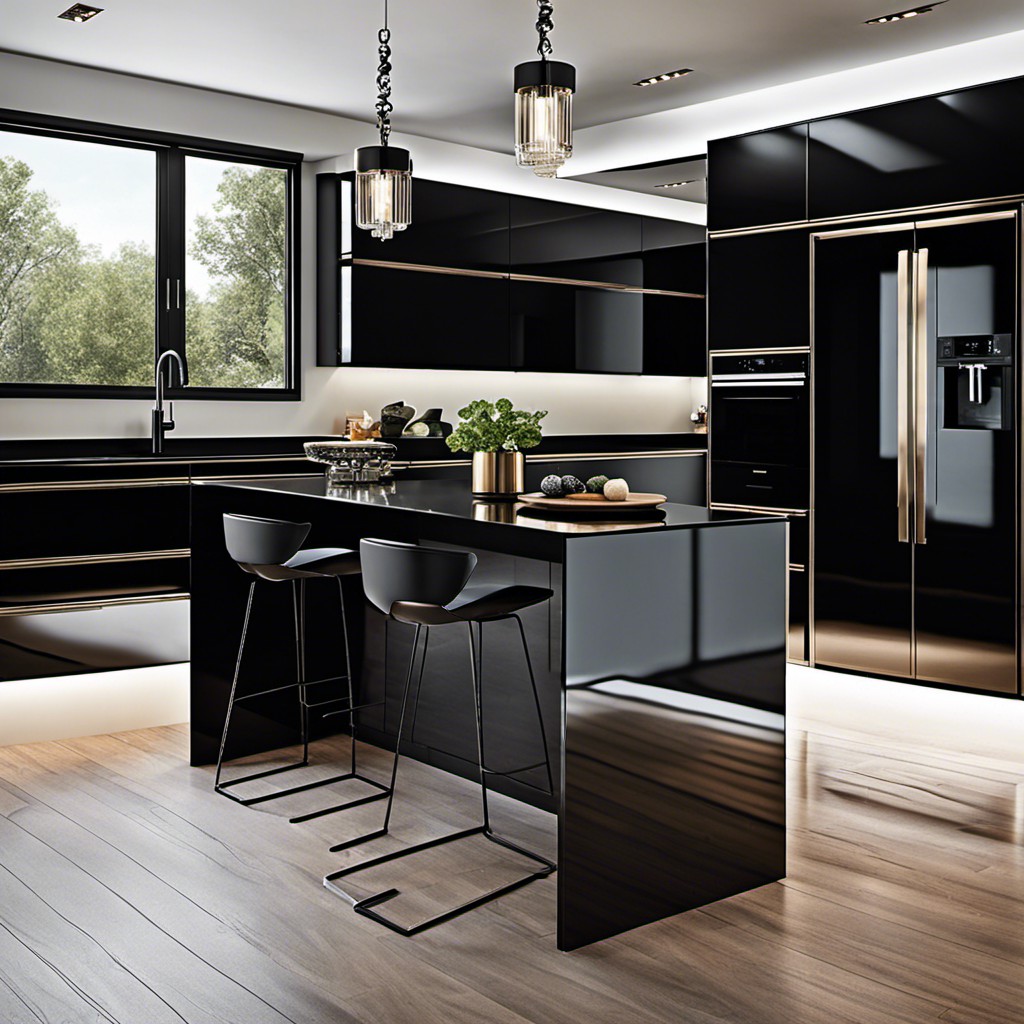 high gloss cabinetry with matte black countertops
