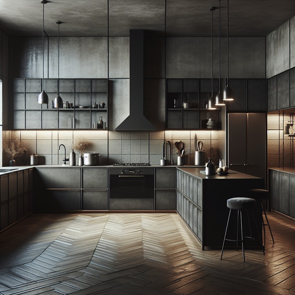 industrial chic dark cabinets with metallic light countertops