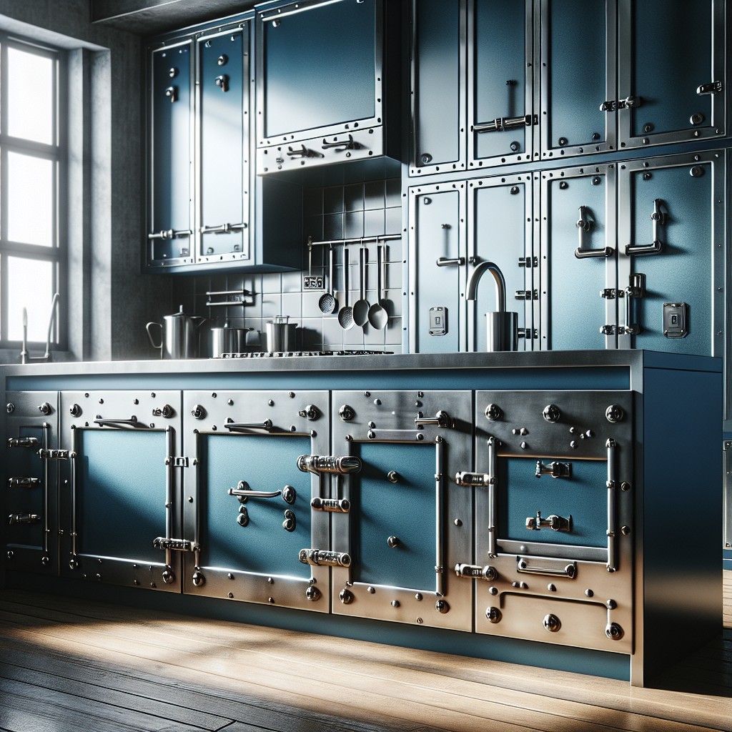 industrial chic with steel hardware for blue cabinets