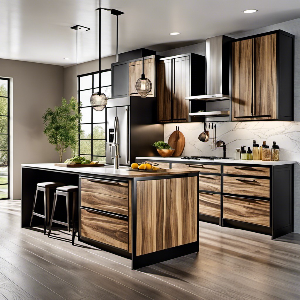 industrial look with metal accents on wood cabinets