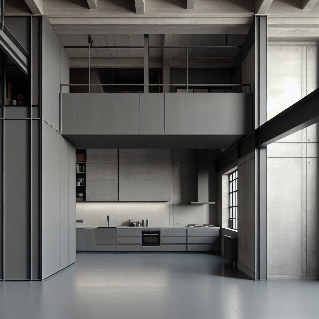 industrial style loft with open floor plan light grey walls and dark grey cabinets