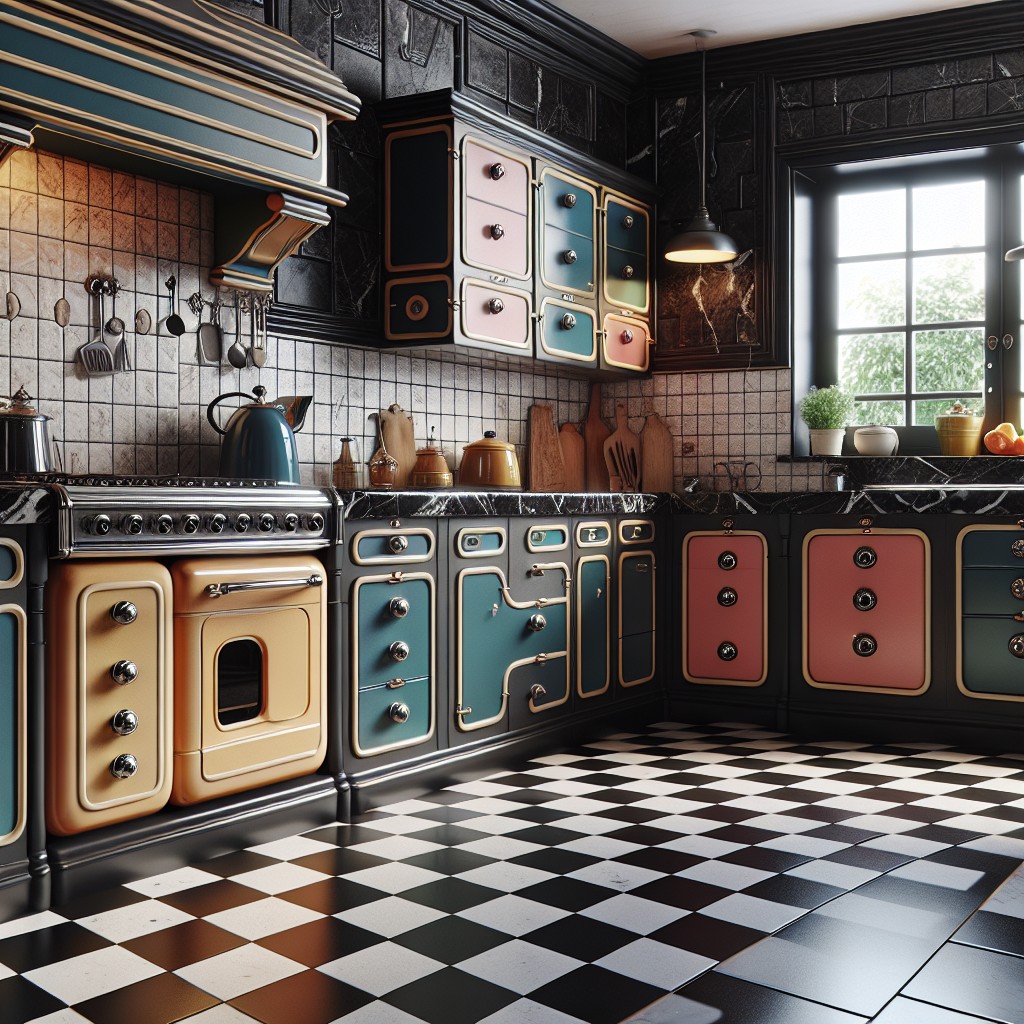 integrating black marble countertops in a retro kitchen