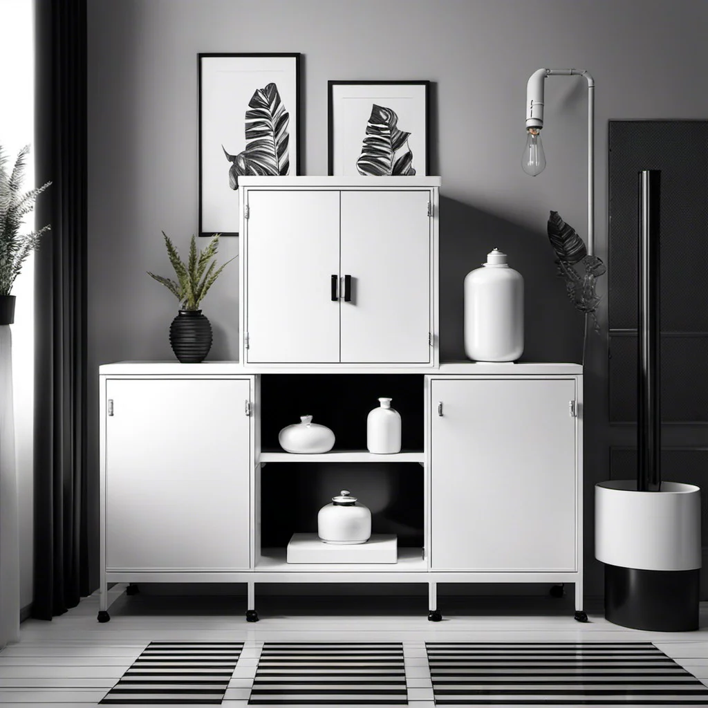 integrating white metal cabinets in a black and white theme