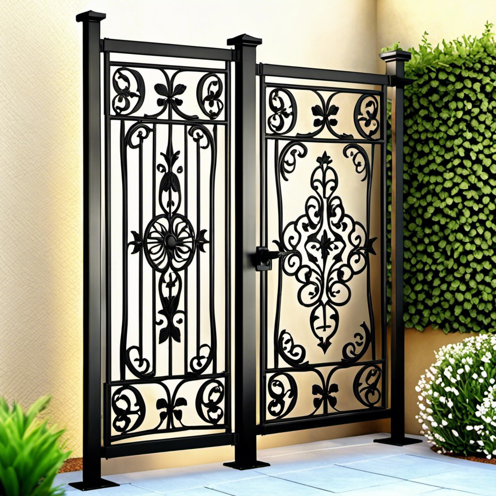 iron wrought privacy screen with ornate designs