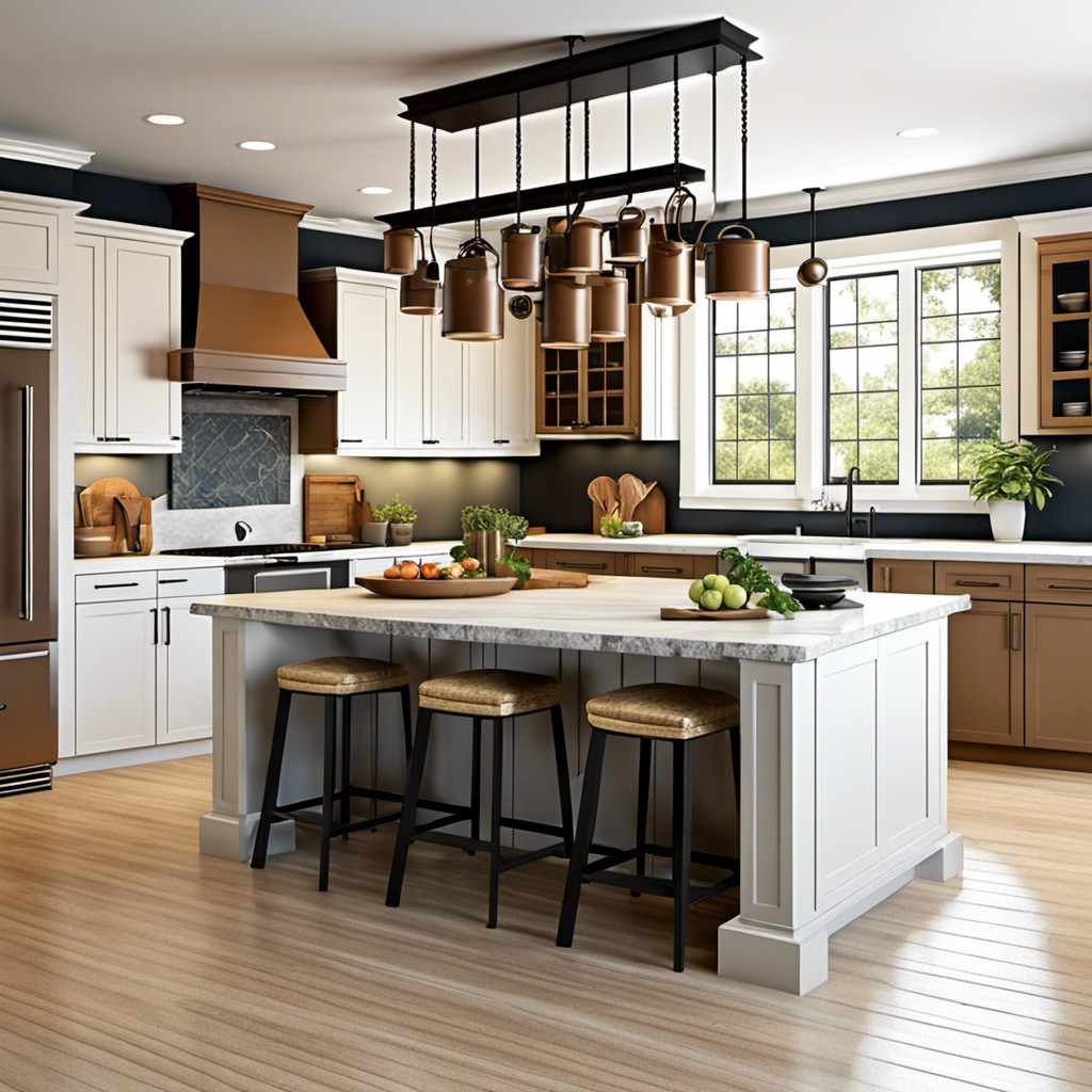 kitchen island columns with hanging pot and pan storage