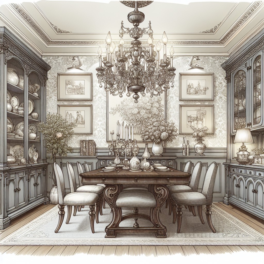 lavish dining room with antique grey cabinets