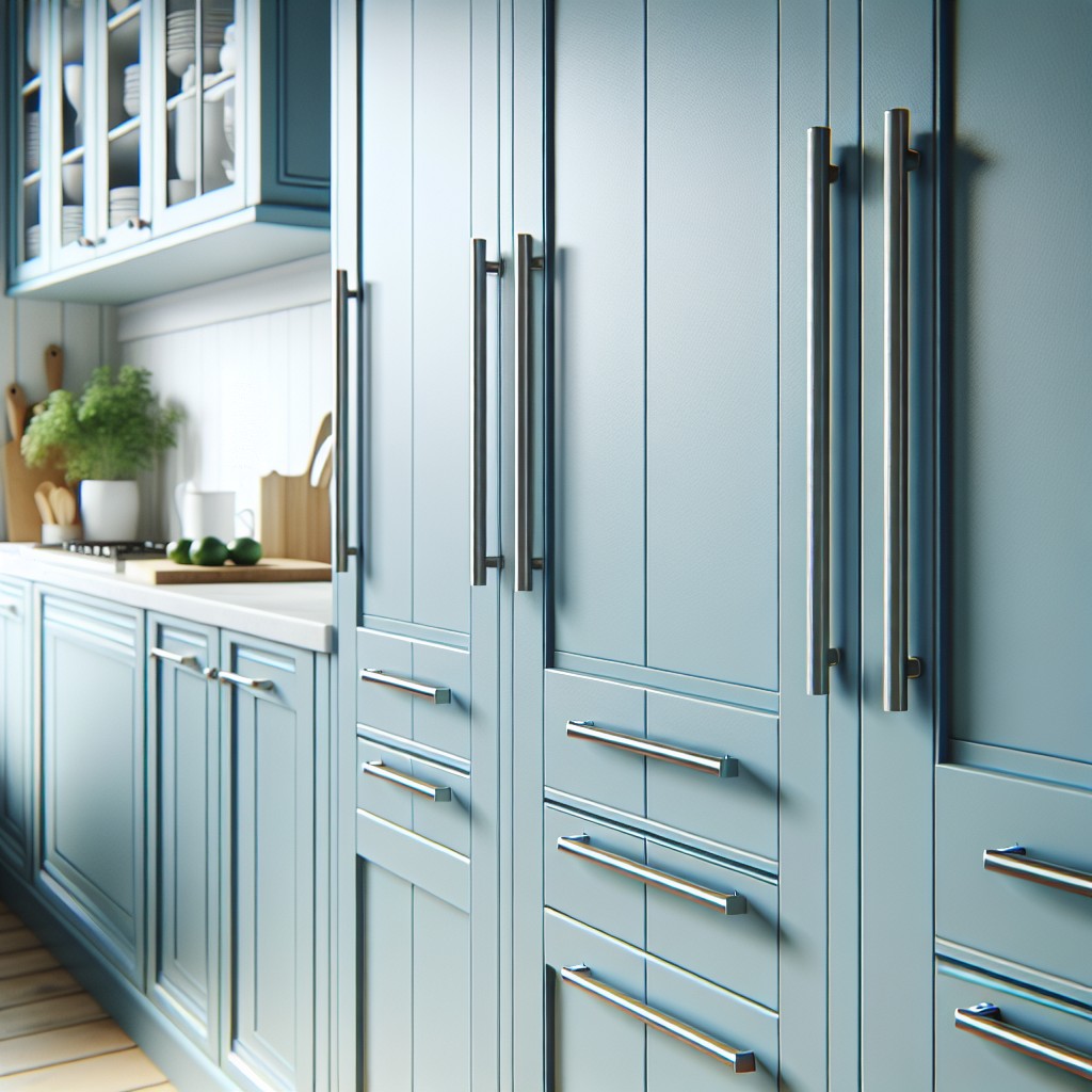 light blue cabinets with stainless steel bar pulls