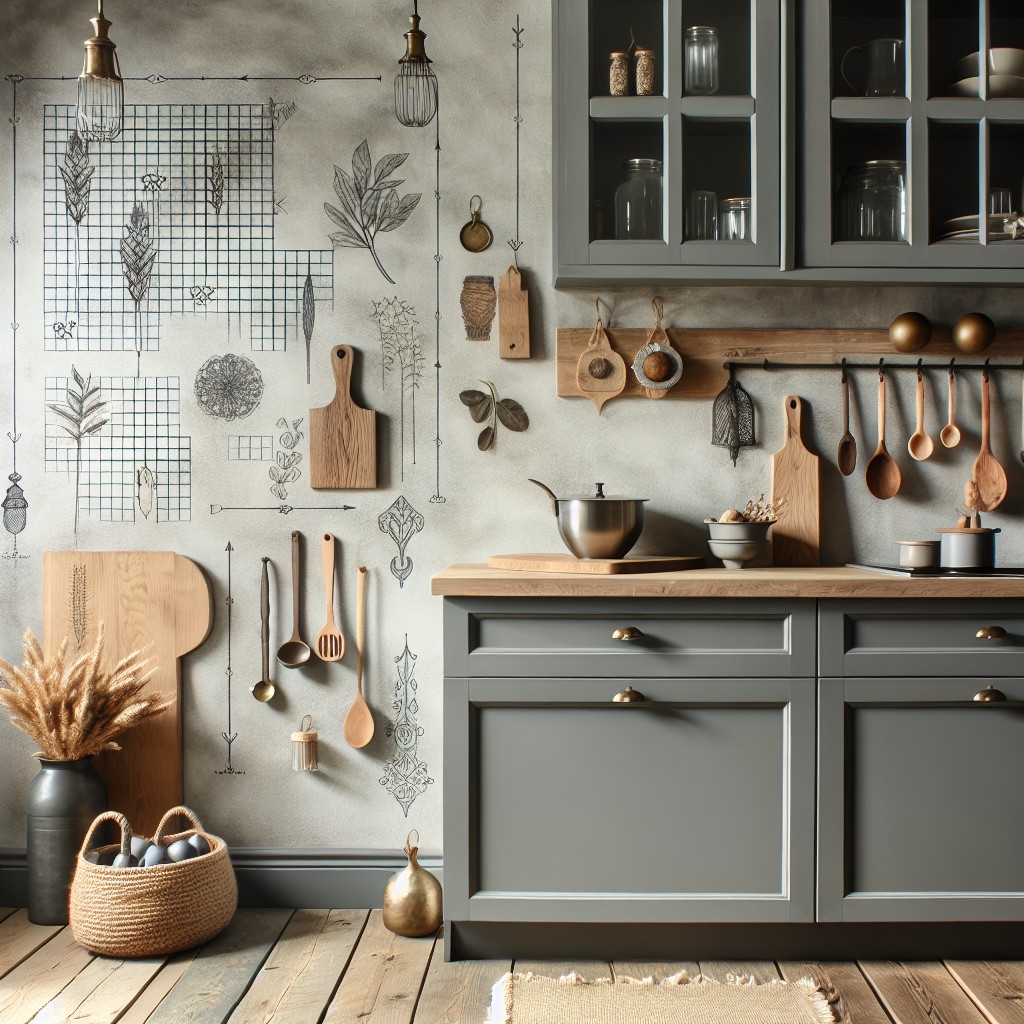 light grey walls with dark grey cabinets in a rustic style kitchen