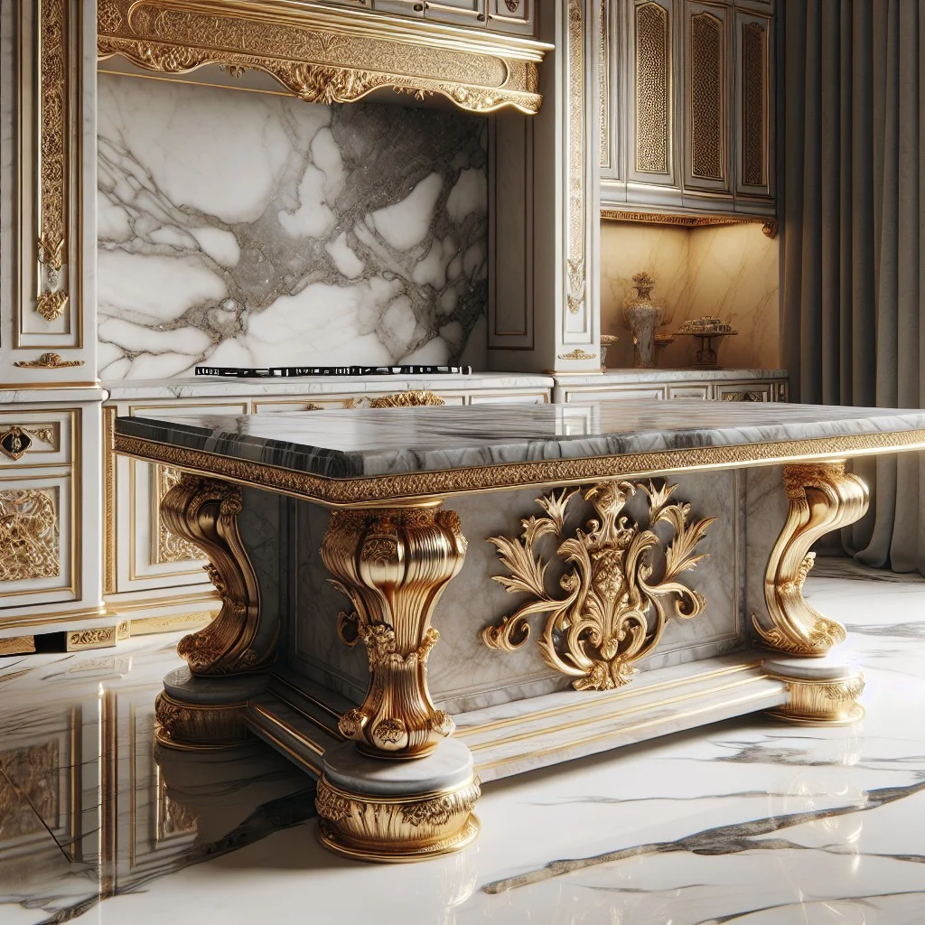 luxe marble kitchen table with gold accented cabinet