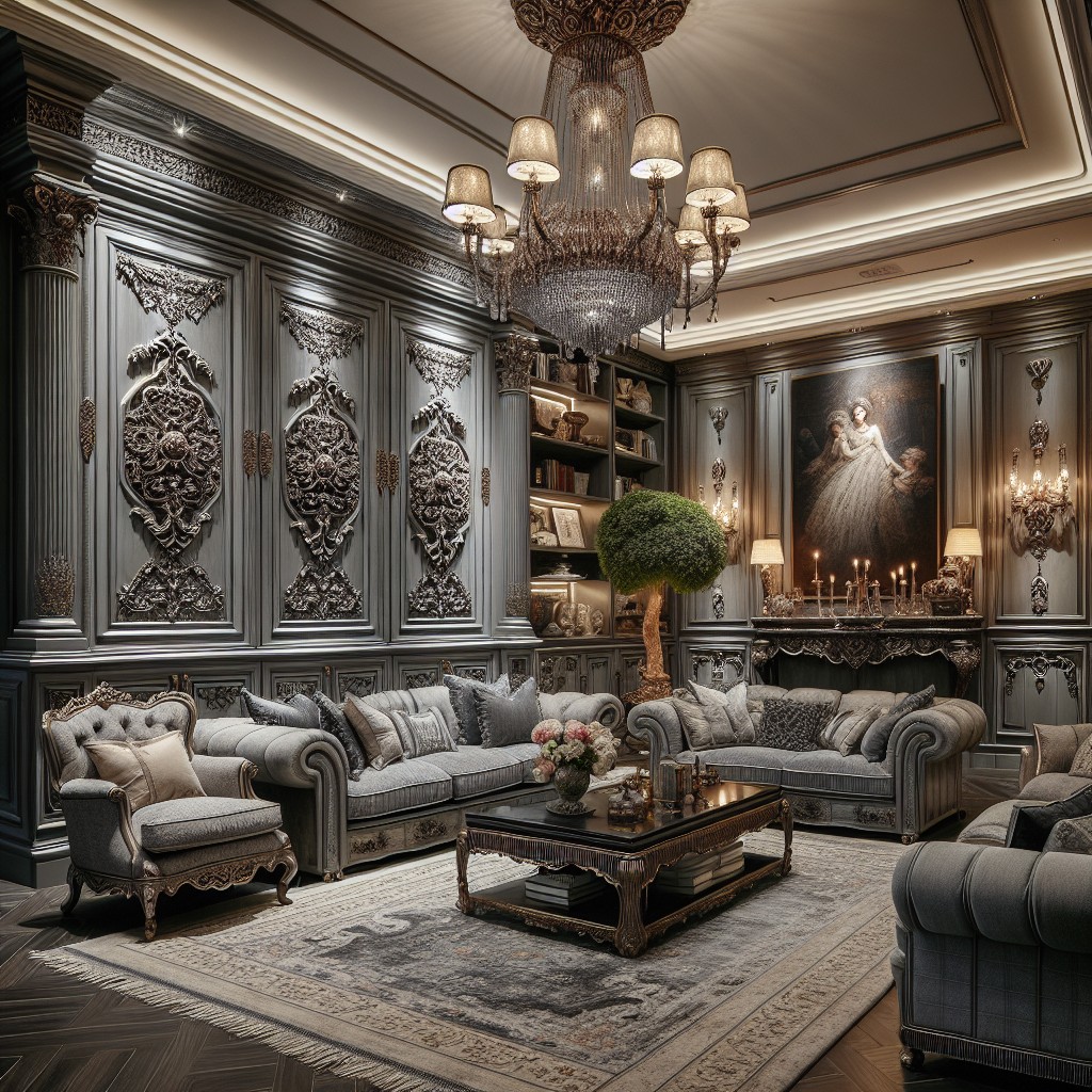luxurious living room with grey cabinets