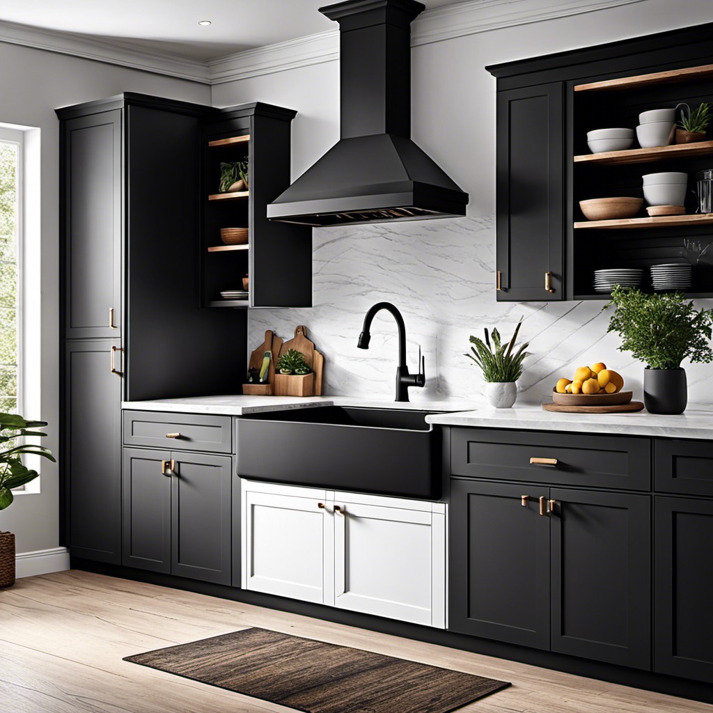 matte black countertops with farmhouse sink