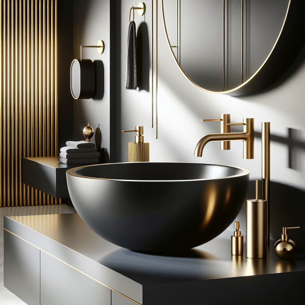 matte black sink with gold fixtures