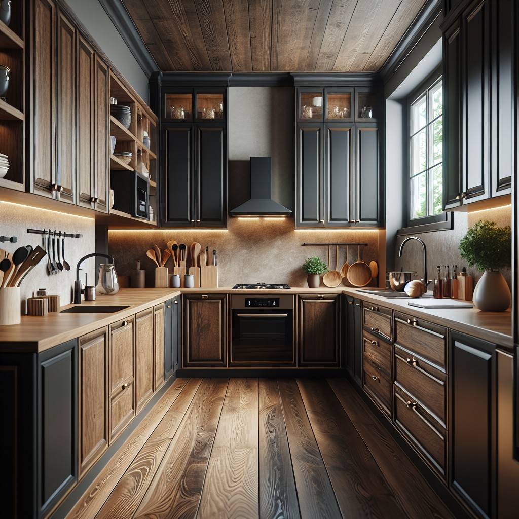 mellow wood finishes to accentuate dark cabinets