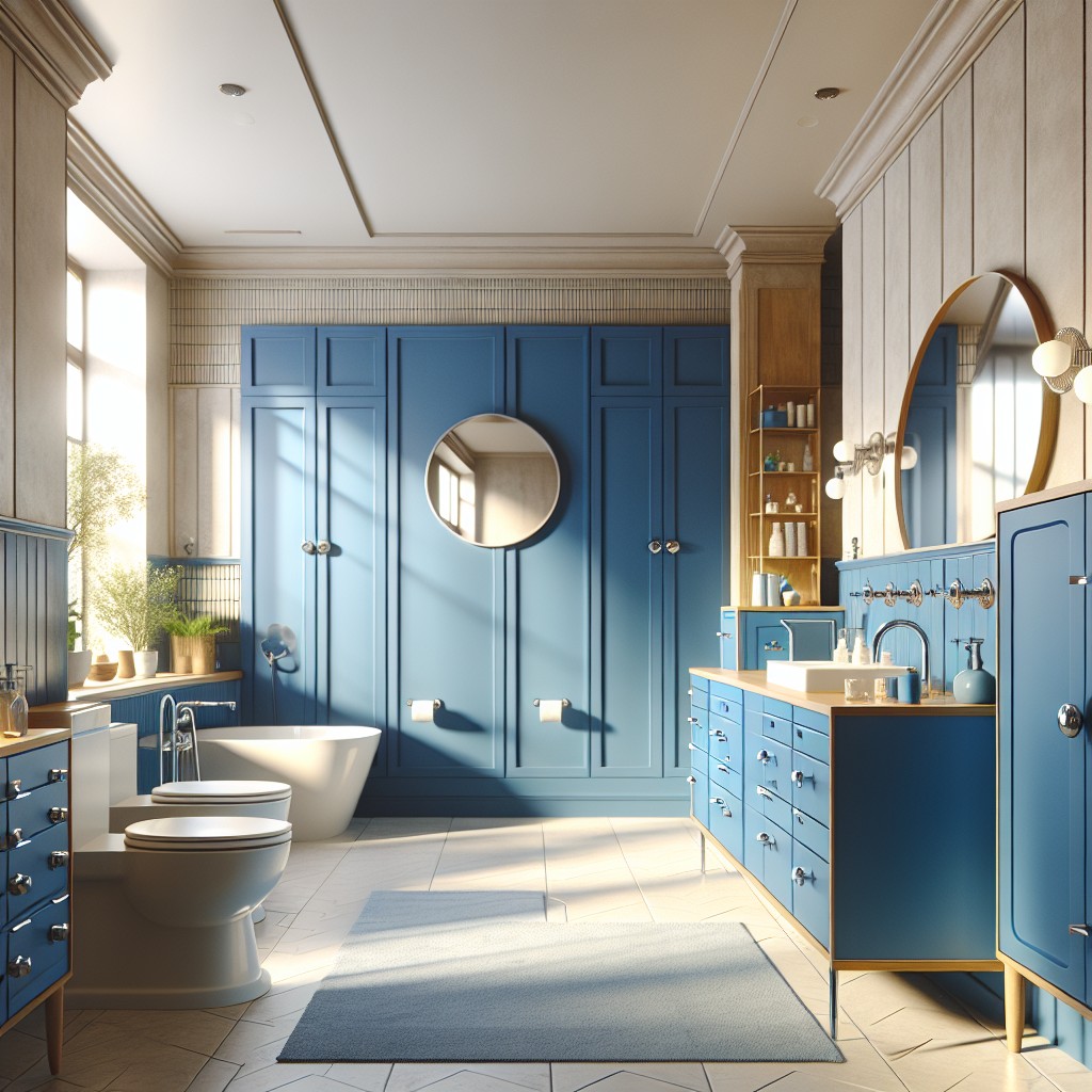mid century style bathroom cobalt blue cabinets