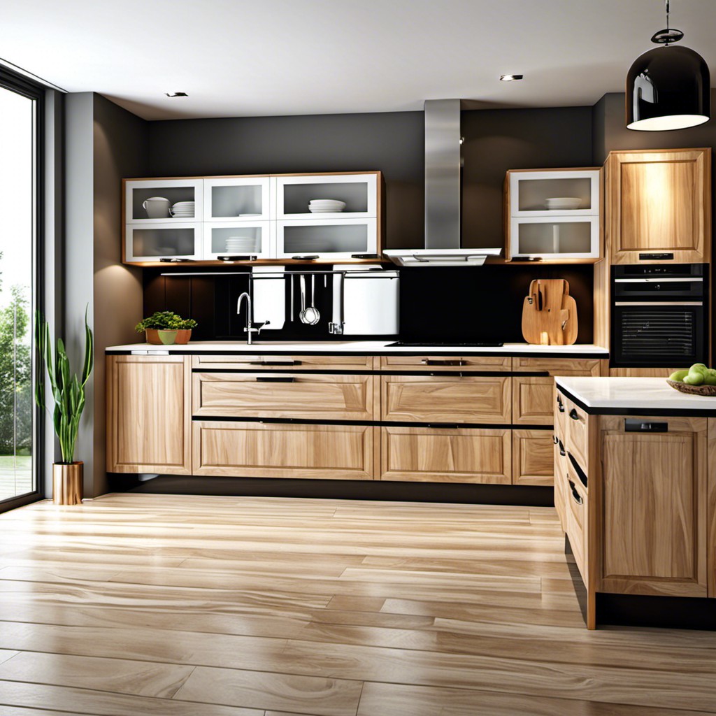 mix modern and traditional aesthetics with wood and glass cabinets