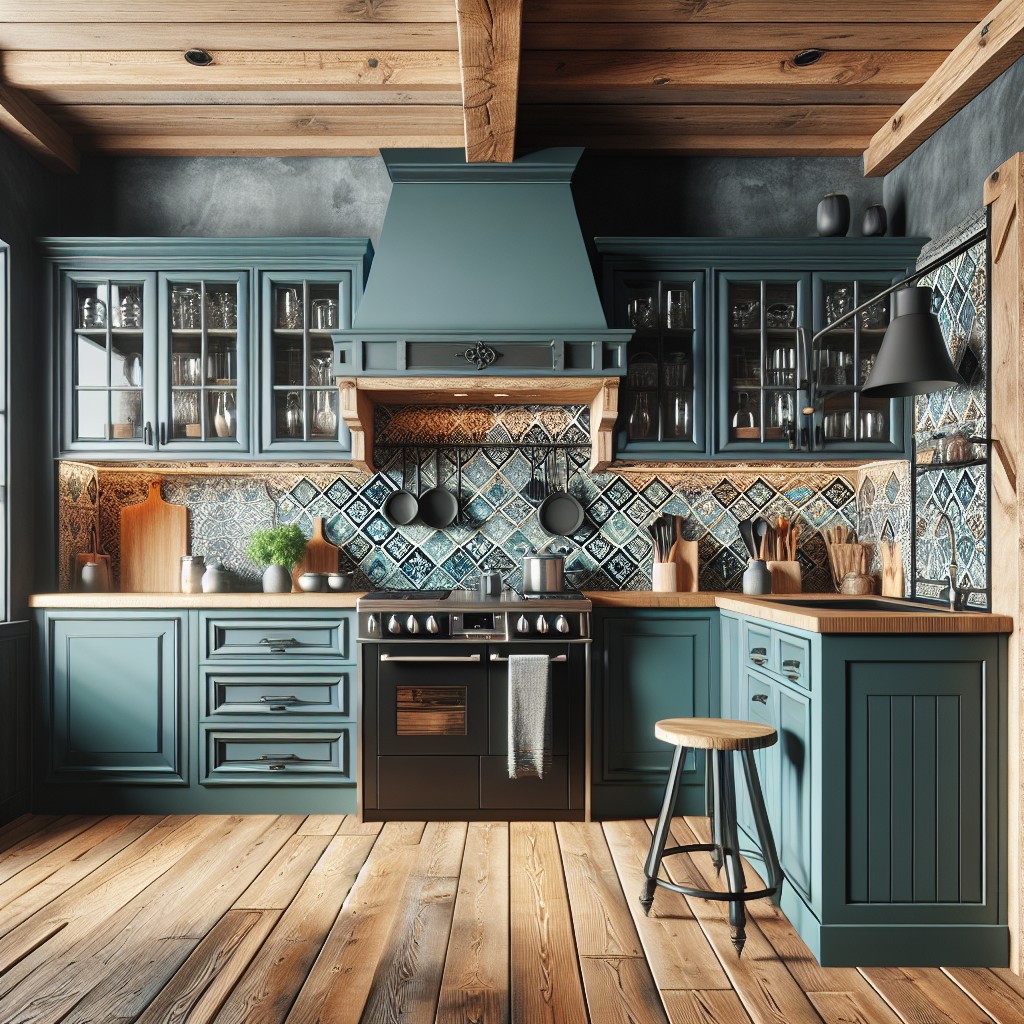 mix teal and black in a farmhouse style kitchen