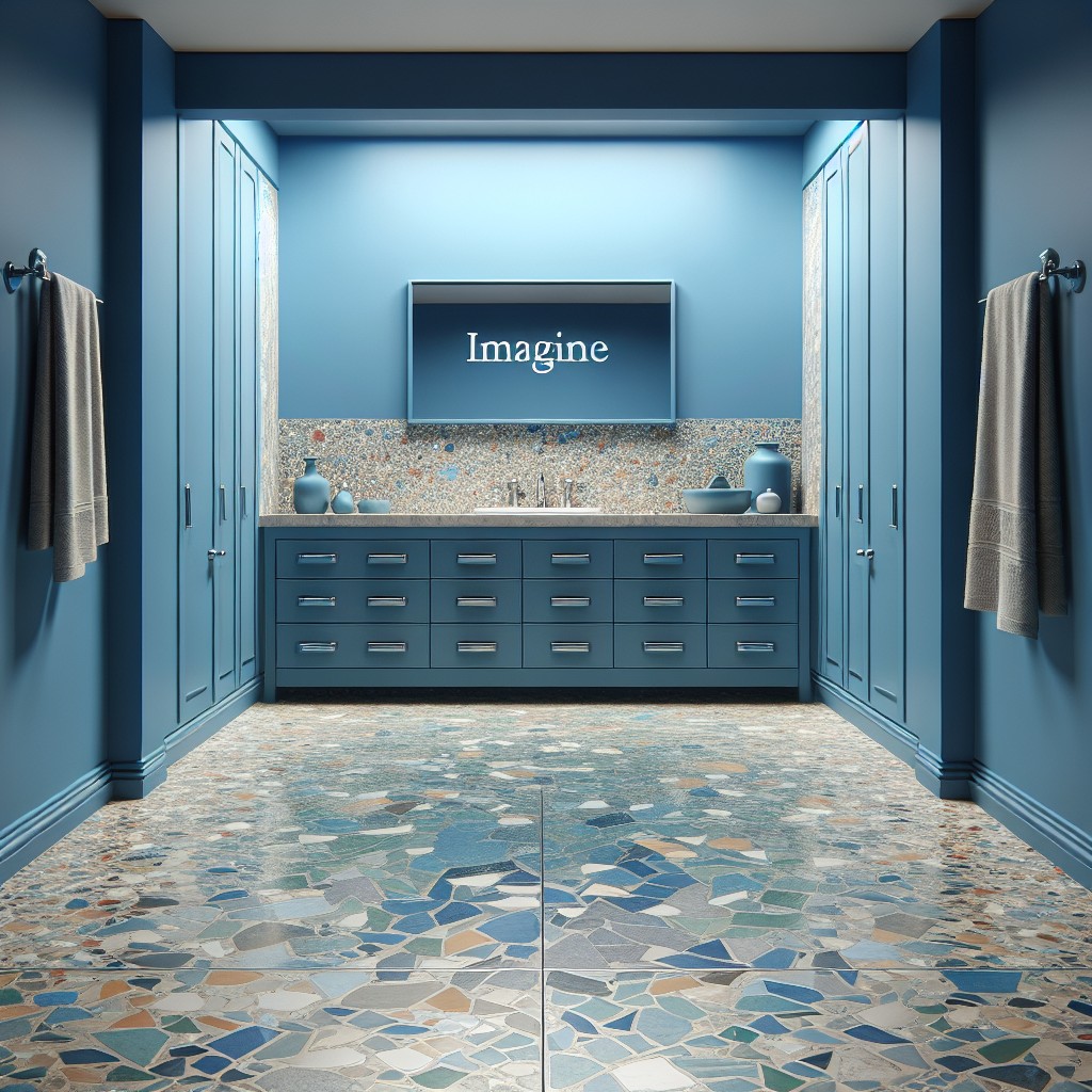 mixing blue cabinets with terrazzo surfaces