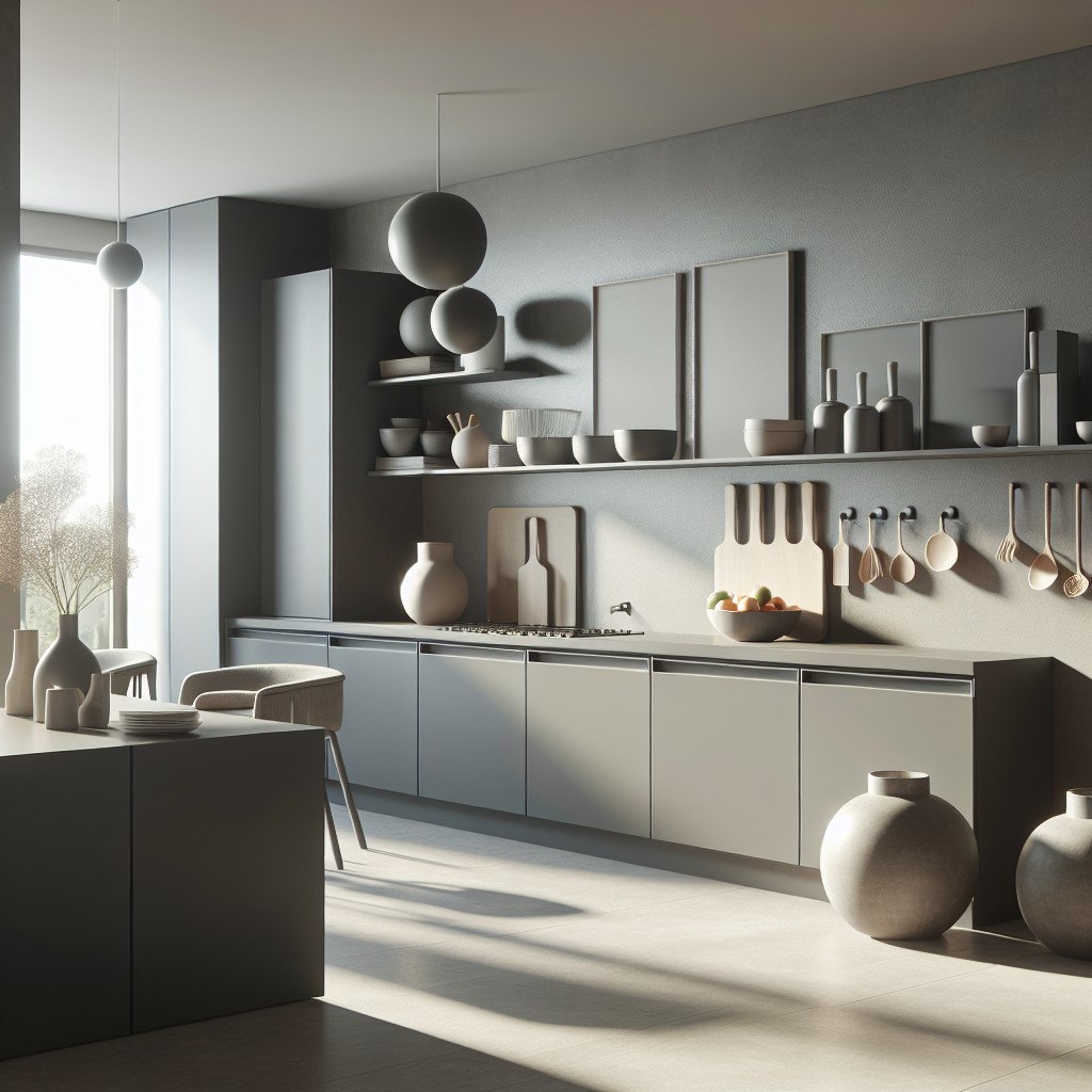 modern minimalist kitchen with only floating dark grey cabinets