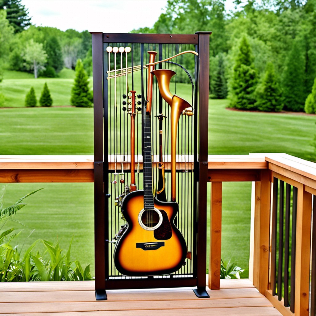 musical instruments repurposed into privacy screen