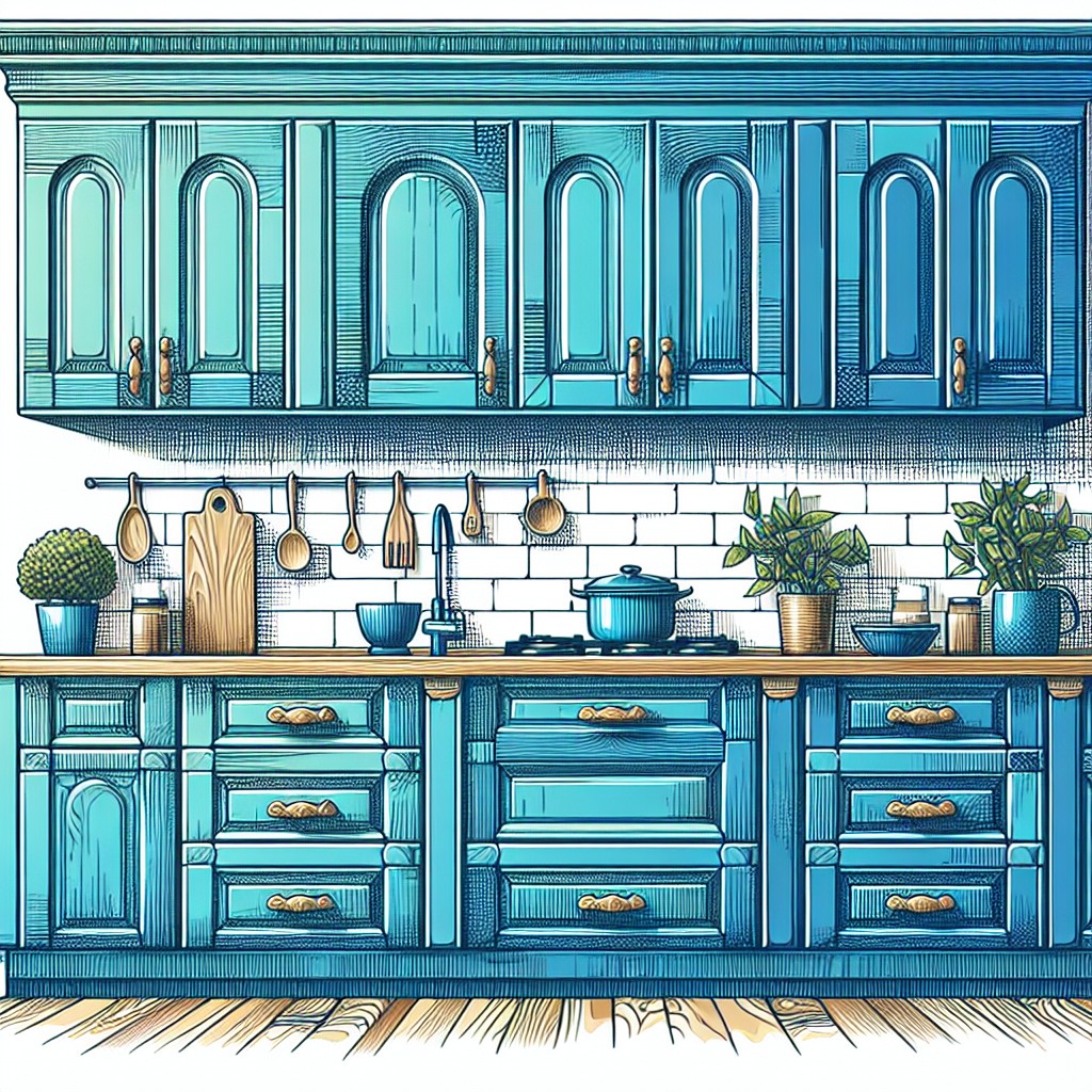 natural wood handles on blue cabinets